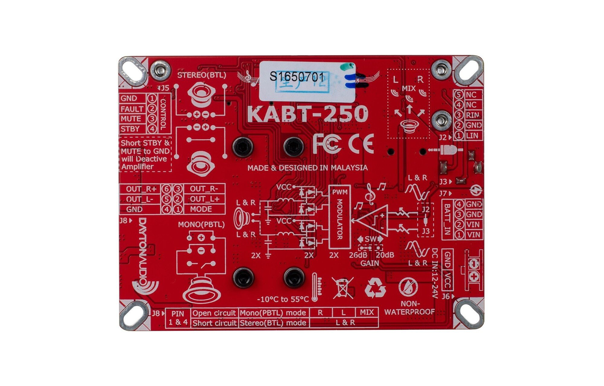 Dayton Audio KABT-250 áthidalható audio erősítő kártya Bluetooth 5.0, TWS, DSP-vel