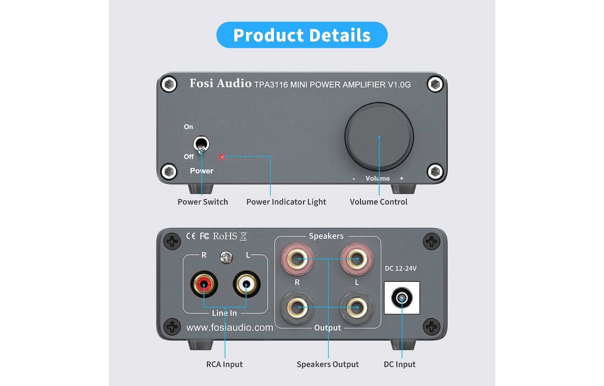 Fosi Audio V1.0G sztereó erősítő TPA3116D2 szürke