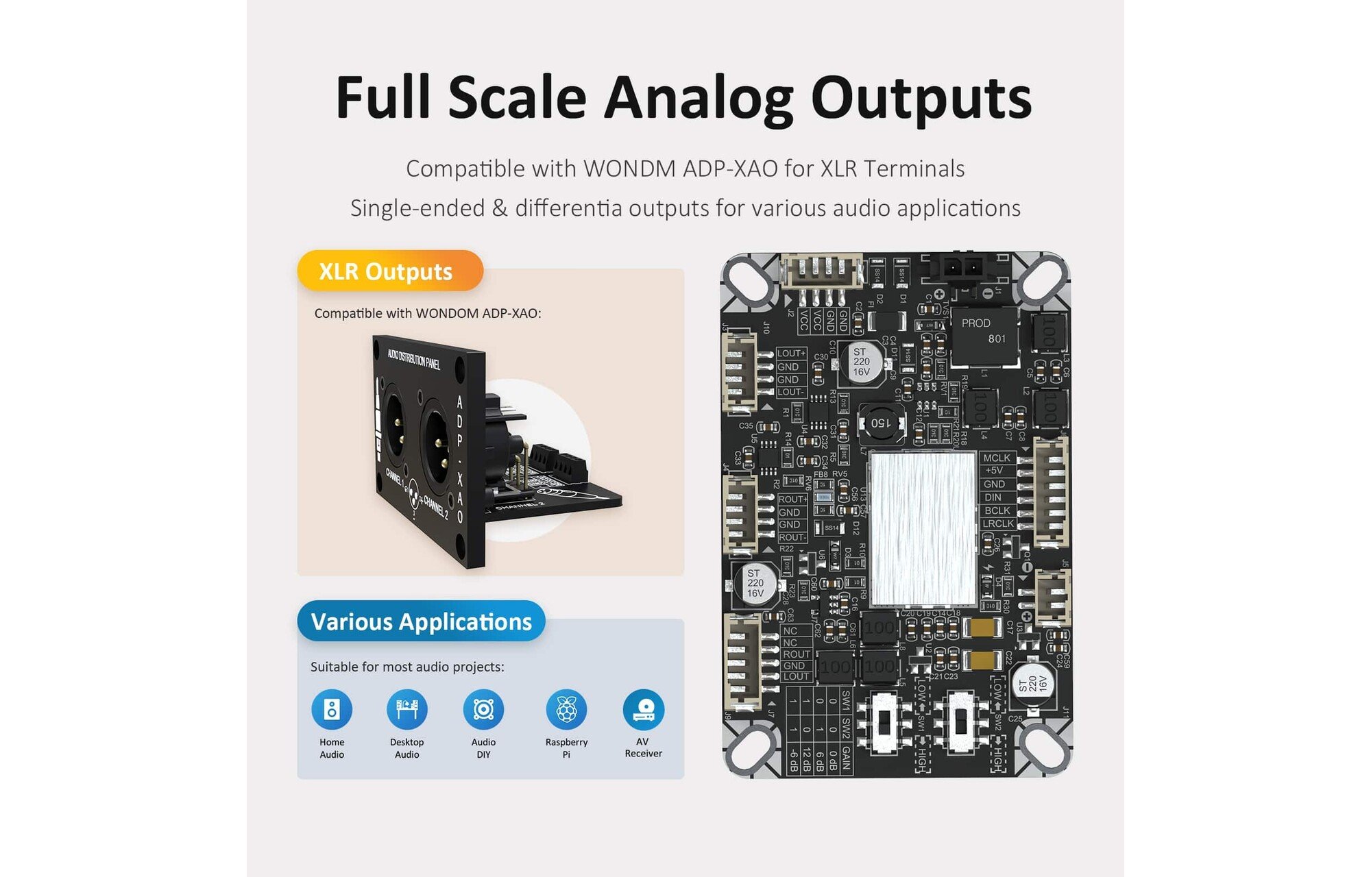 Sure Electronics AA-AB41166 ASCM-D2A-PCM5122 I2S-ről analóg egyvégű differenciális XLR DAC jelátvivőre történő átvitel